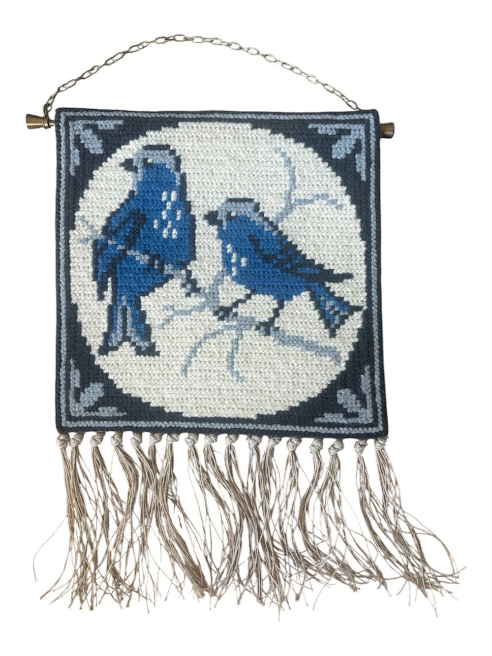 Needlepoint Bird Decor with Fringe and Hardware